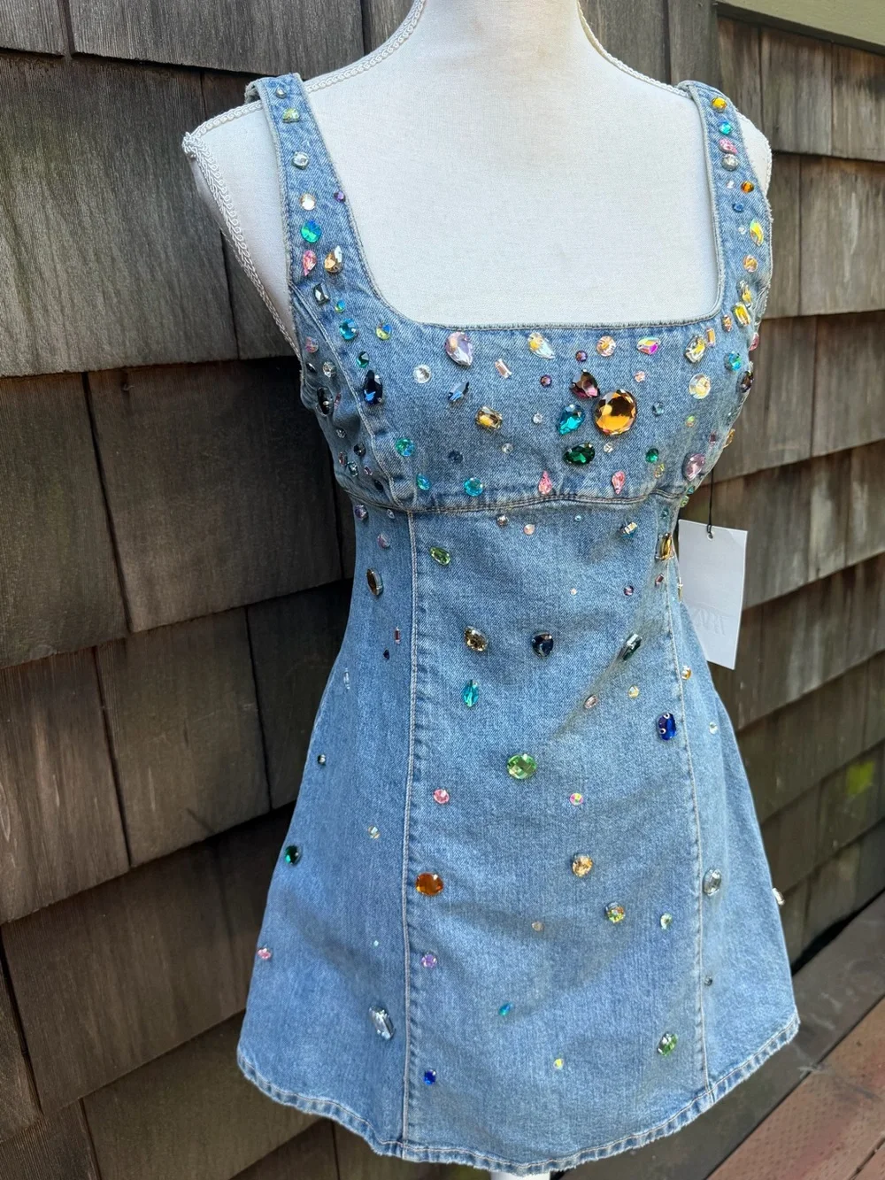ZARA blue denim mini dress with rhinestones sleeveless Sz M NWT. - Picture 4 of 11